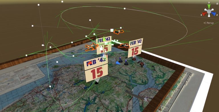 Screenshot of an augmented reality game, which has army planes hovering over the top of a map.